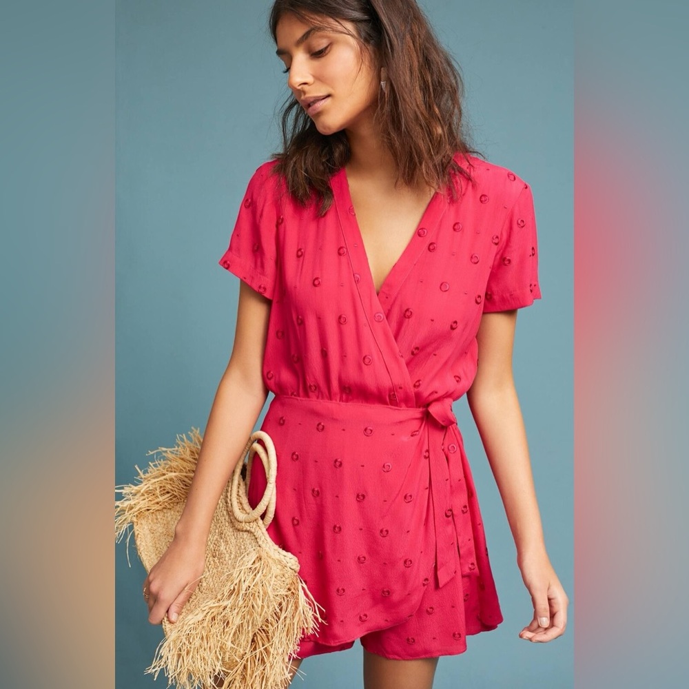 Ettiwa by Anthropologie Hot Pink Embroidered Wrap Romper Size S